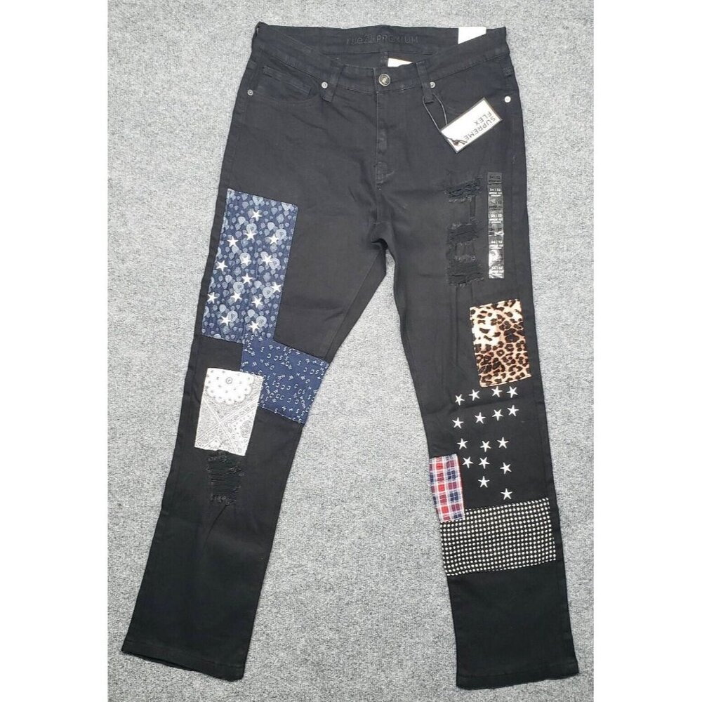 Rue21 Jeans Mens 34X32 Black Denim Supreme Flex Straight Distressed Patches New